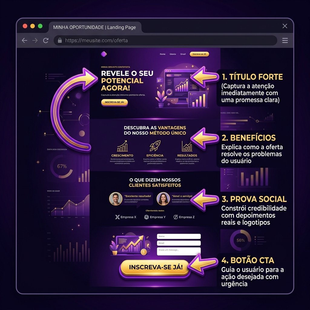 Diagrama mostrando os elementos essenciais e a distribuição de seções em uma landing page focada em conversão
