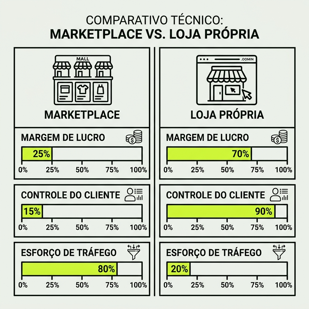 Tabela comparativa técnica detalhando margem de lucro, controle de clientes e esforço de marketing no marketplace versus loja própria