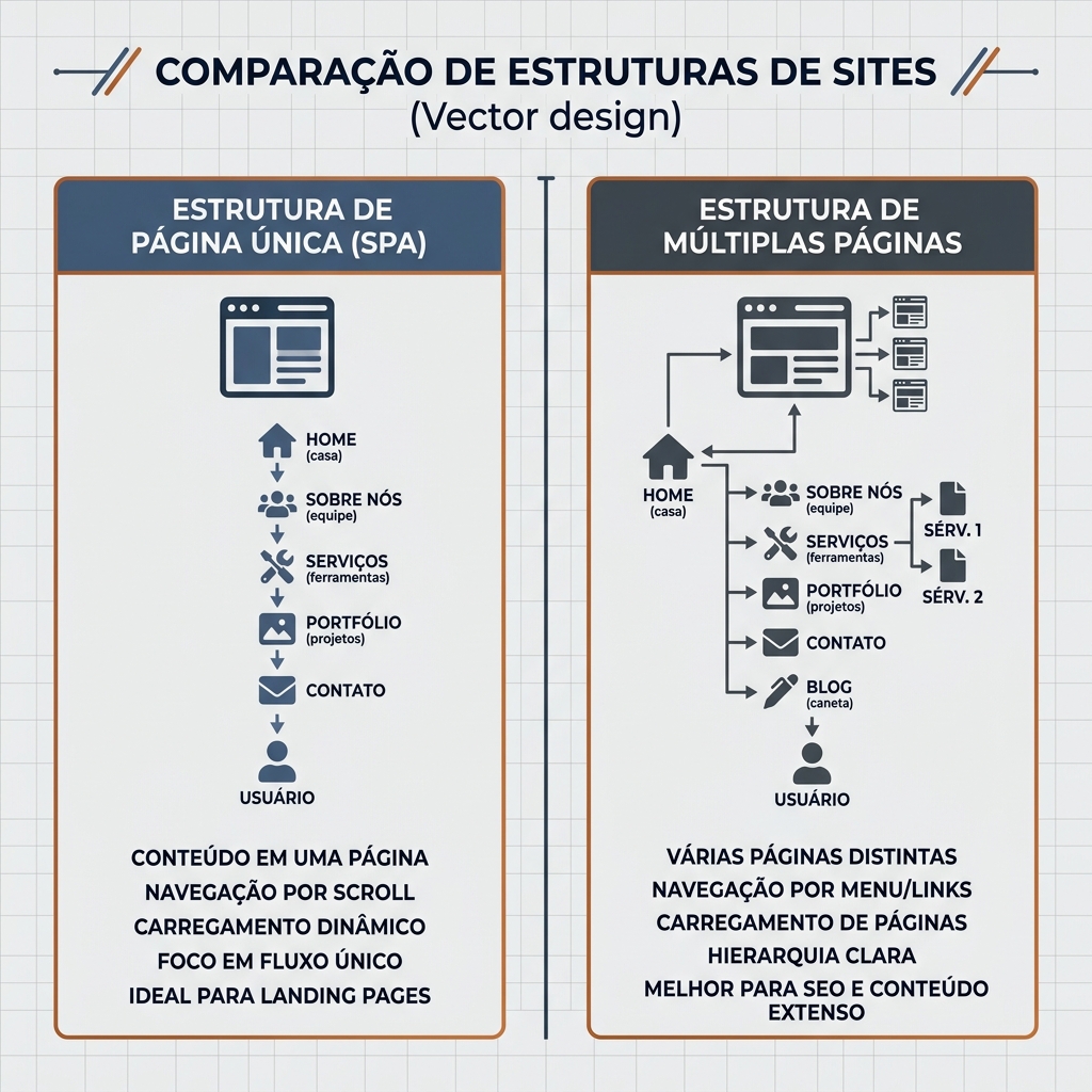 Diagrama de fluxo comparativo mostrando a diferença de arquitetura de informação entre site One-Page e site Multipáginas