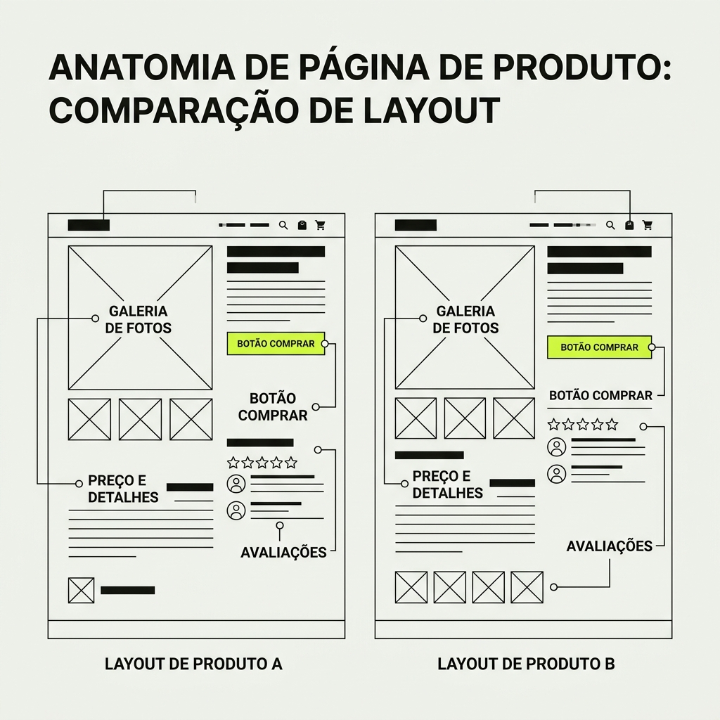 Diagrama de wireframe técnico comparando estruturas de página de produto A e B focadas em alta conversão e usabilidade