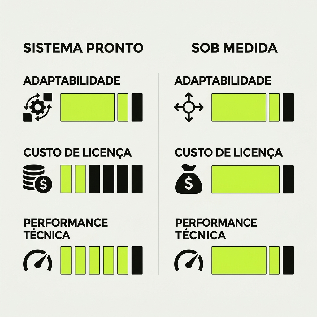 Infográfico técnico comparativo avaliando adaptabilidade de processos, custo de licenciamento e performance do sistema pronto versus sob medida