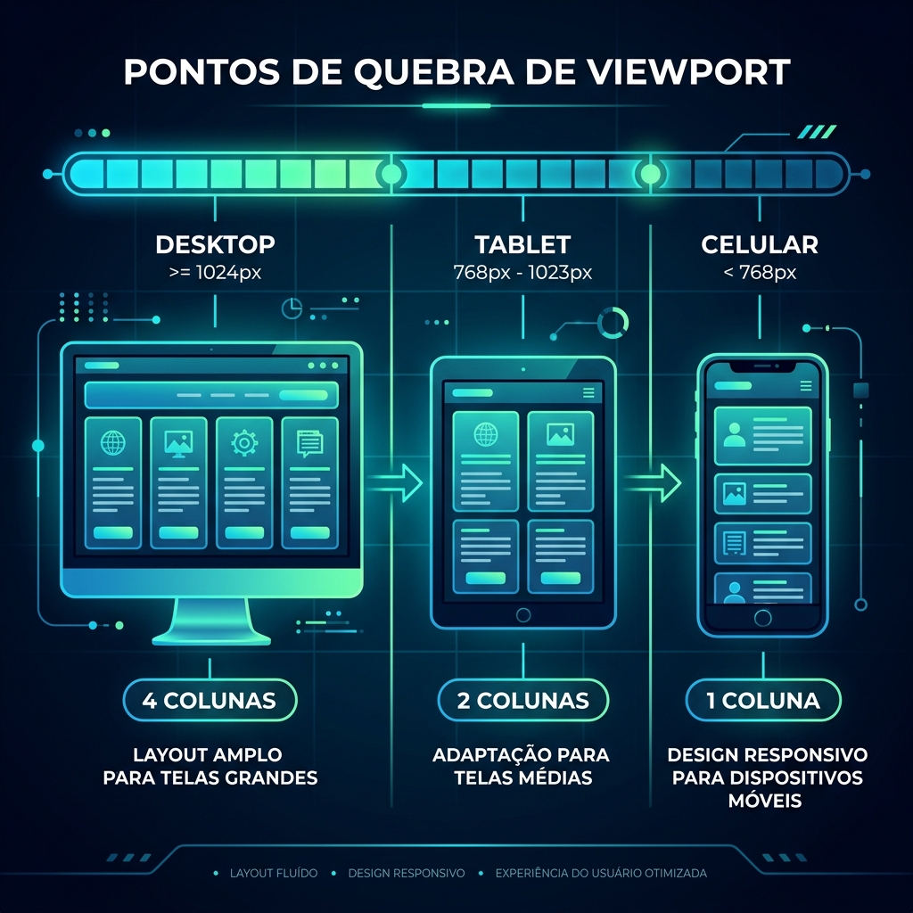 Ilustração de grid responsivo demonstrando o redimensionamento dinâmico de elementos conforme o tamanho da viewport