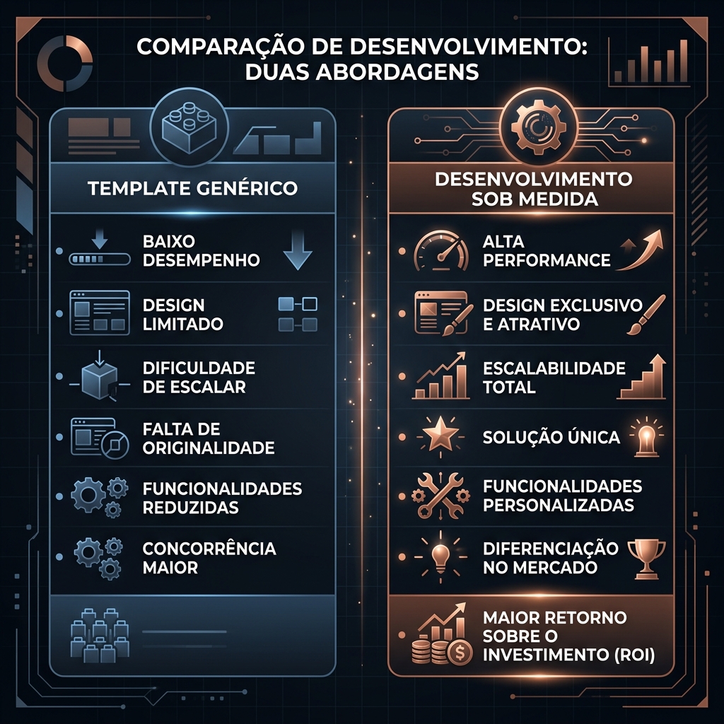 Tabela comparativa mostrando as diferenças em termos de velocidade, conversão e custo entre templates prontos e engenharia sob medida