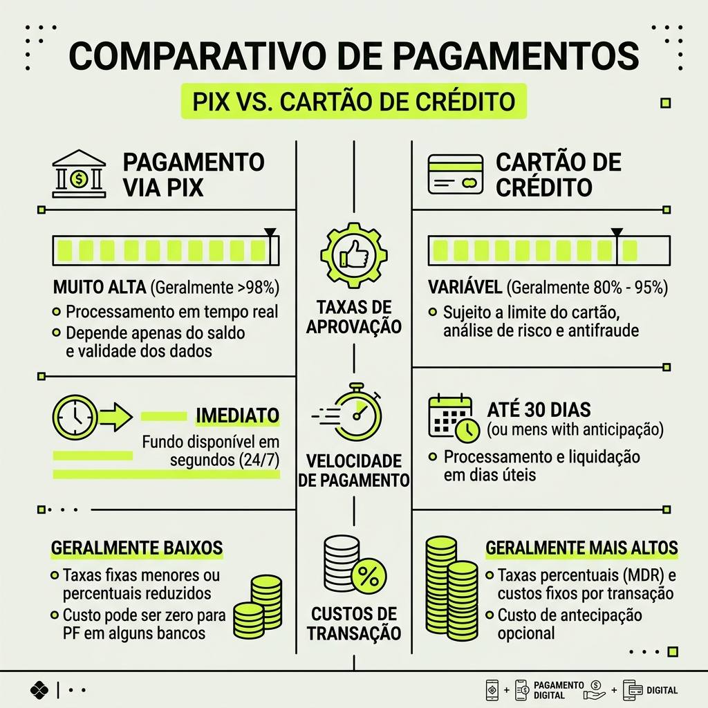 Tabela comparativa técnica detalhando liquidez, taxas de aprovação e custos operacionais do Pix versus o Cartão de Crédito