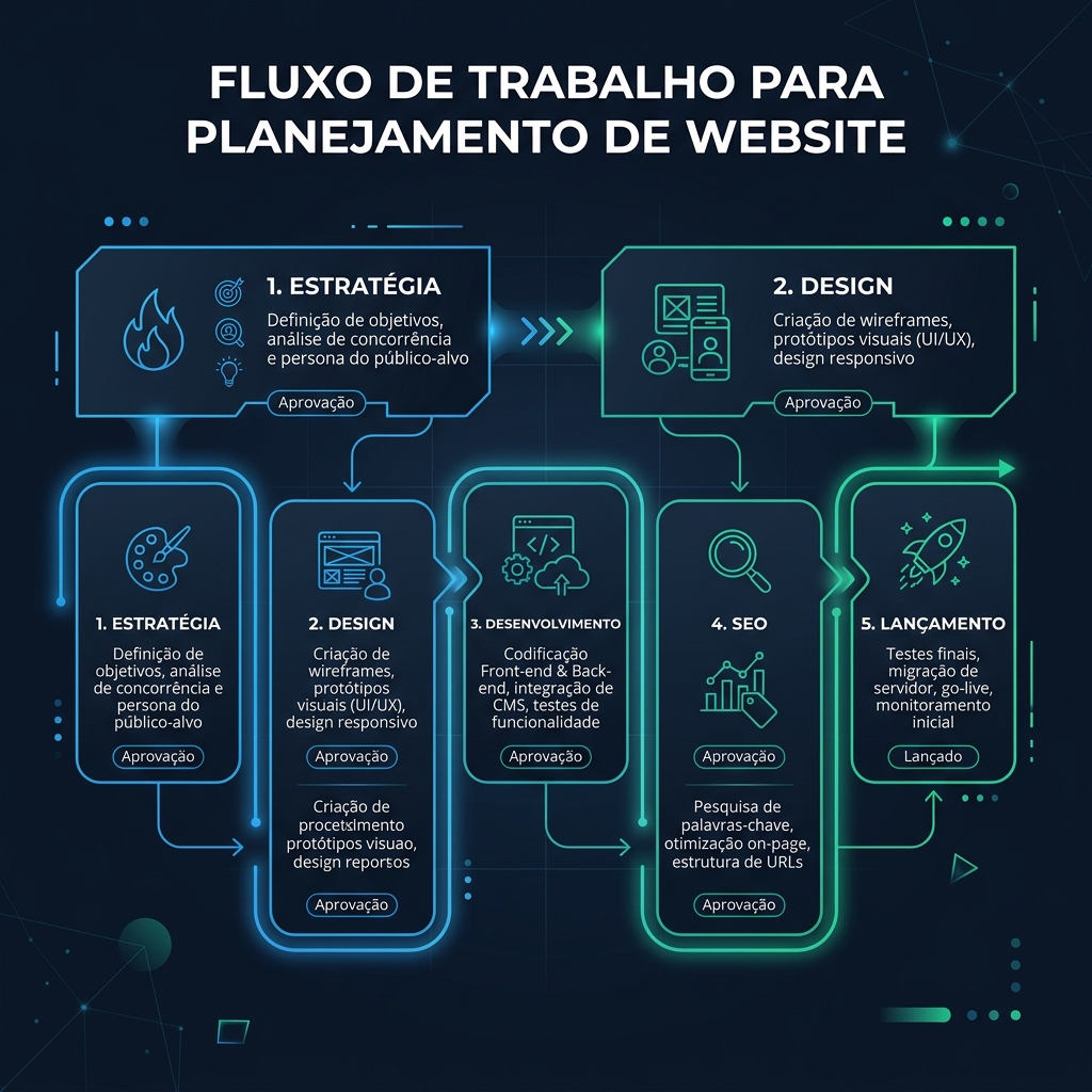 Infográfico detalhando as etapas do fluxo de planejamento estratégico e SEO para um site profissional