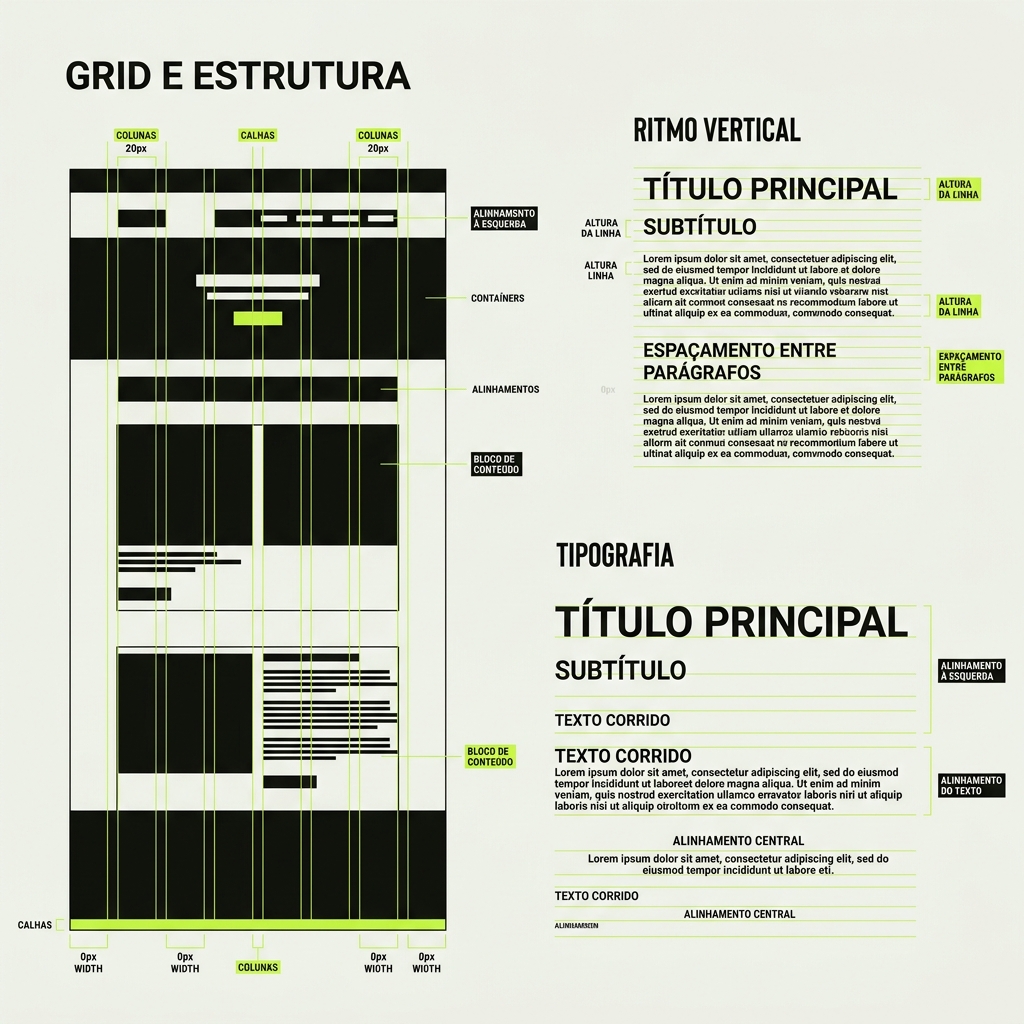 Diagrama de grade técnica mostrando o alinhamento vertical e a estruturação tipográfica aplicada ao web design