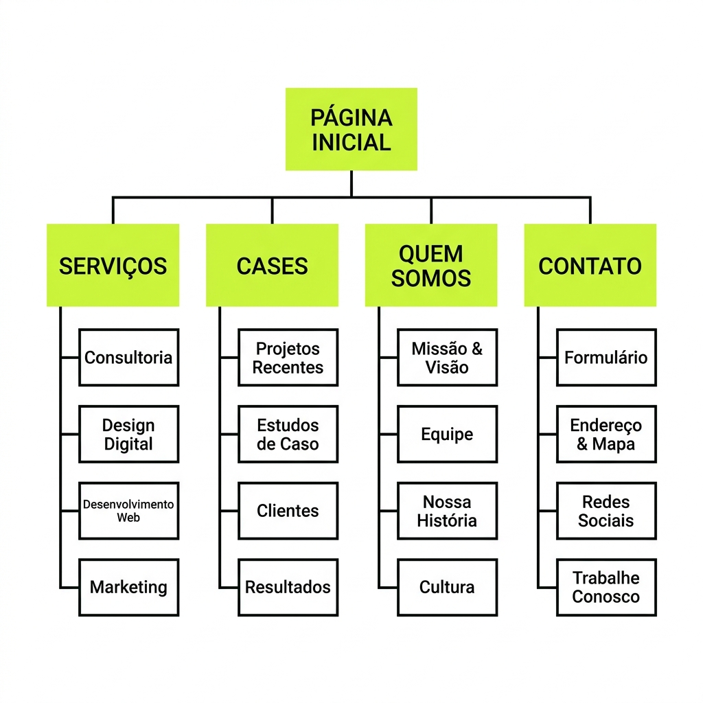 Diagrama estrutural detalhando a hierarquia e fluxo de conteúdo de um site institucional de sucesso