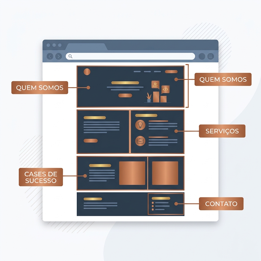 Ilustração mostrando elementos estruturais de credibilidade em um layout de site institucional