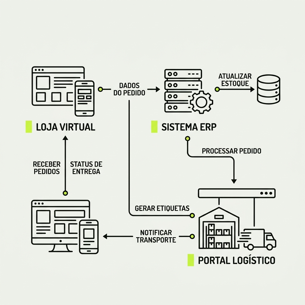 Diagrama técnico ilustrando o fluxo de integração automática de frete, estoque e pagamento em uma loja virtual