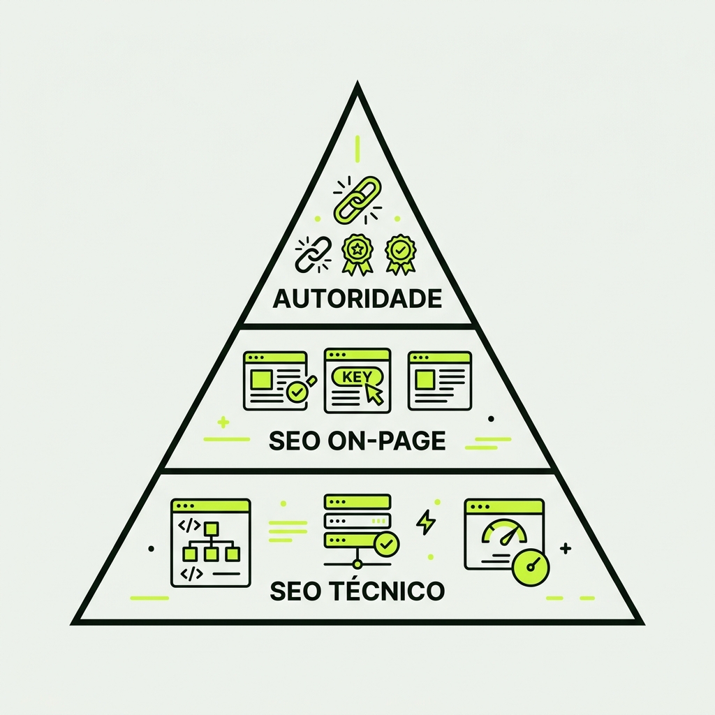 Infográfico técnico em pirâmide detalhando os três pilares de SEO para e-commerce: SEO Técnico, SEO On-Page e Autoridade de Marca