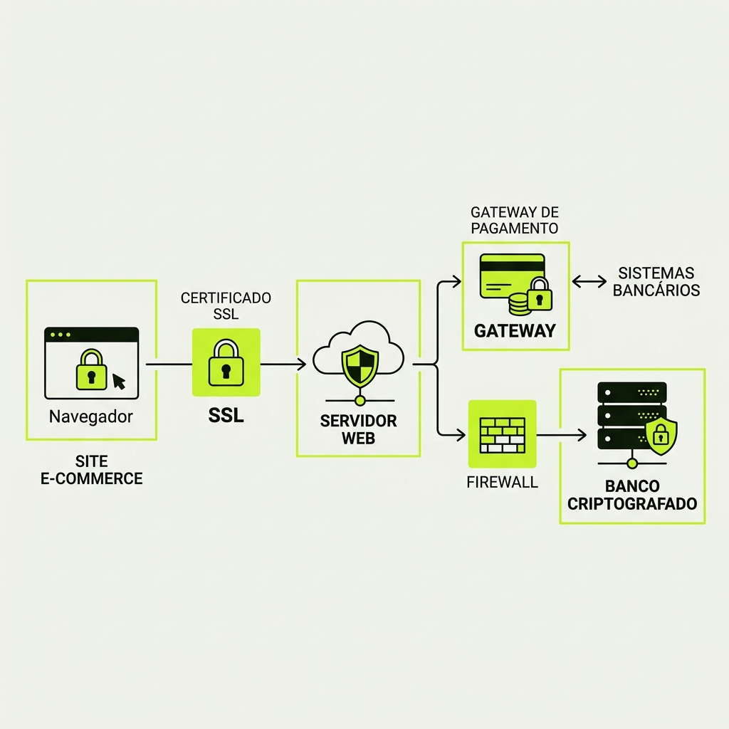 Infográfico técnico detalhando o fluxo seguro de dados entre o navegador do cliente, o gateway de pagamento e o banco de dados criptografado