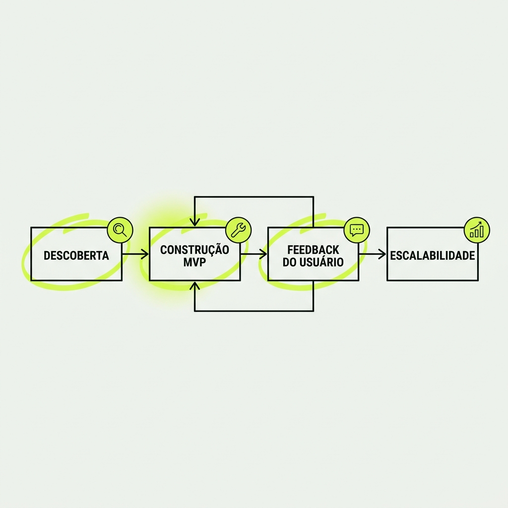 Diagrama de fluxo técnico mostrando as fases consecutivas para criar um SaaS escalável: Descoberta, MVP, Feedback e Escala